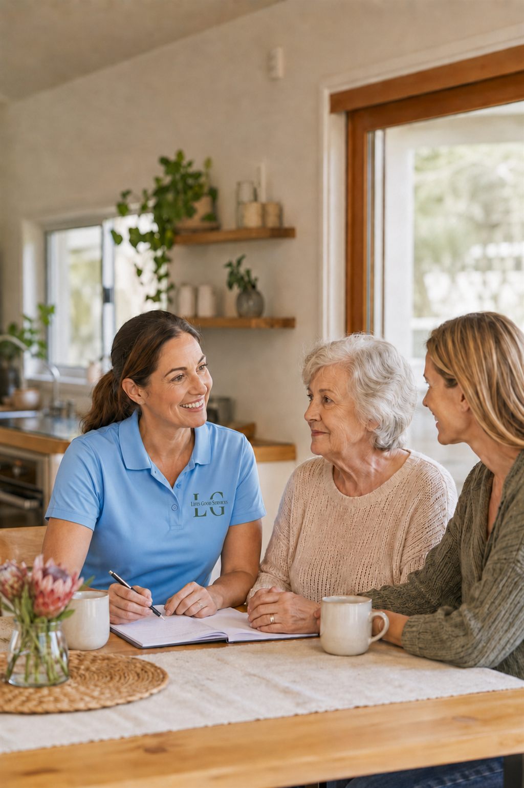 A Life's Good support worker talking with an older client and family about support in Goolwa