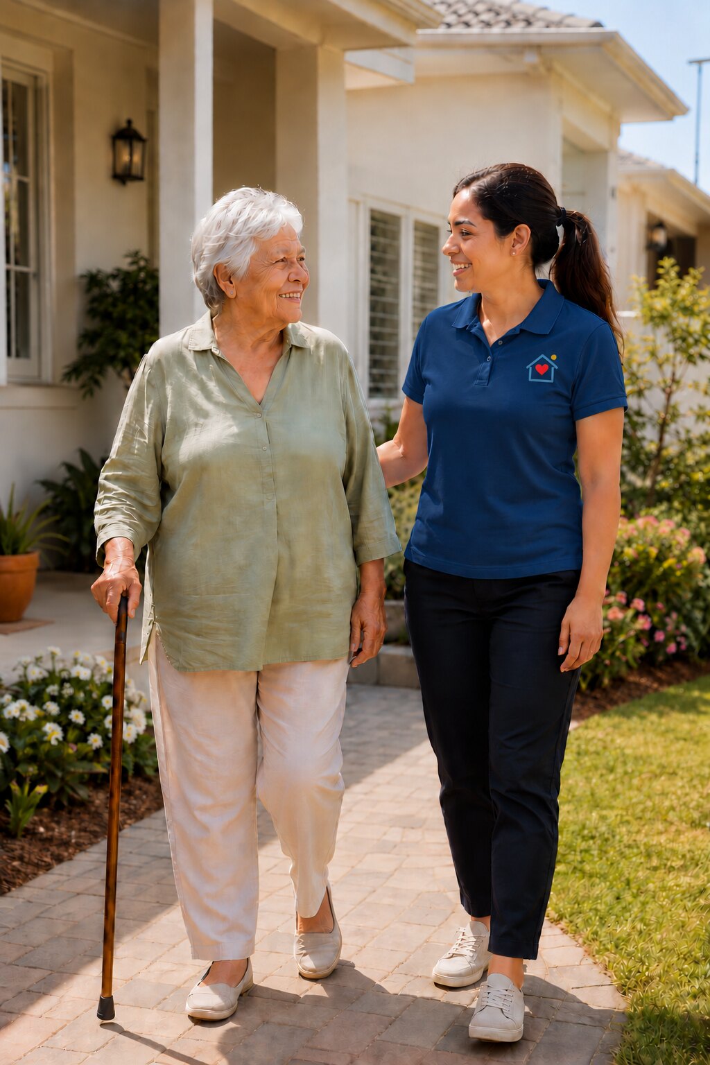 Support worker walking with an older client outside her home
