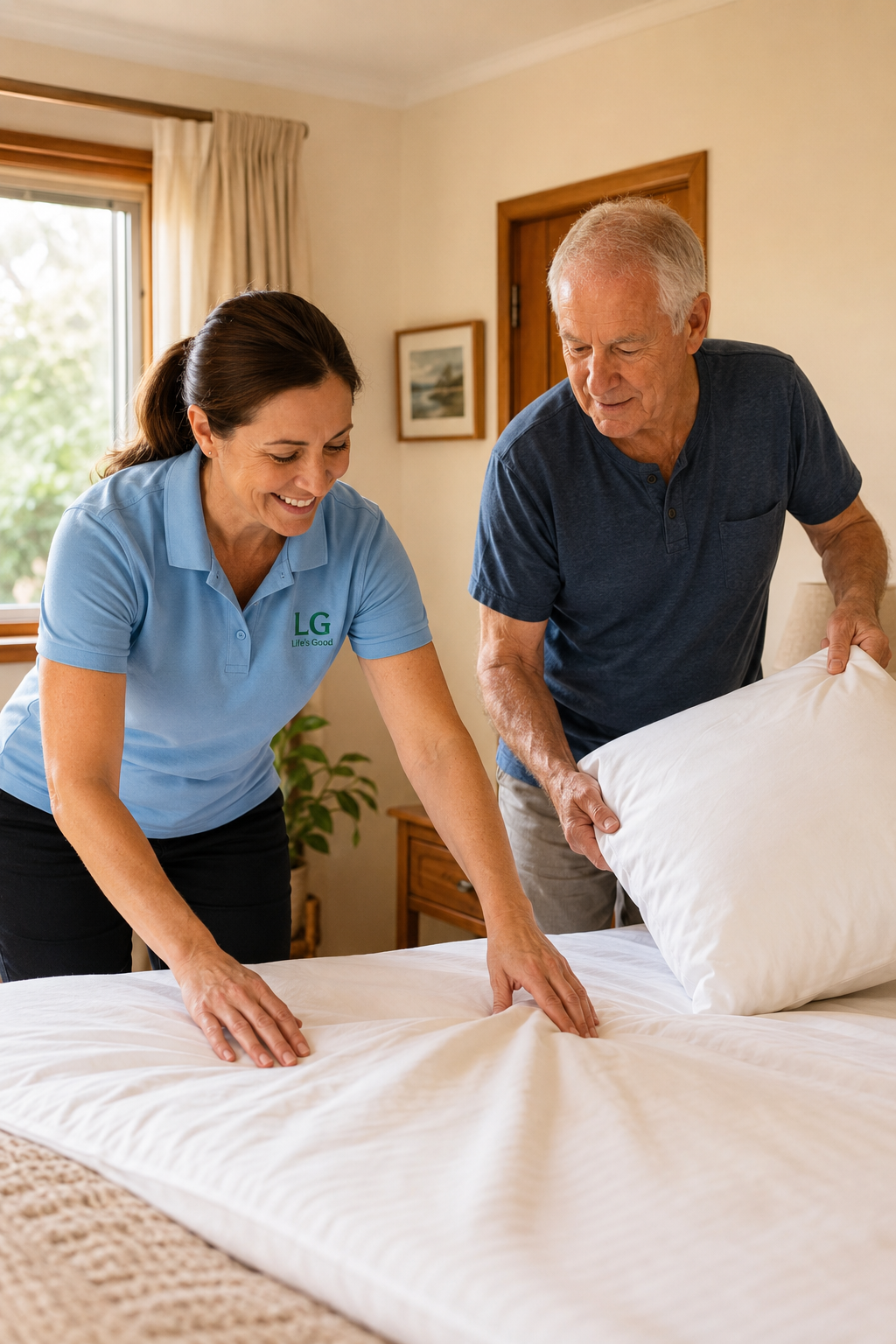 A Life's Good worker helping an older man change fresh bed linen