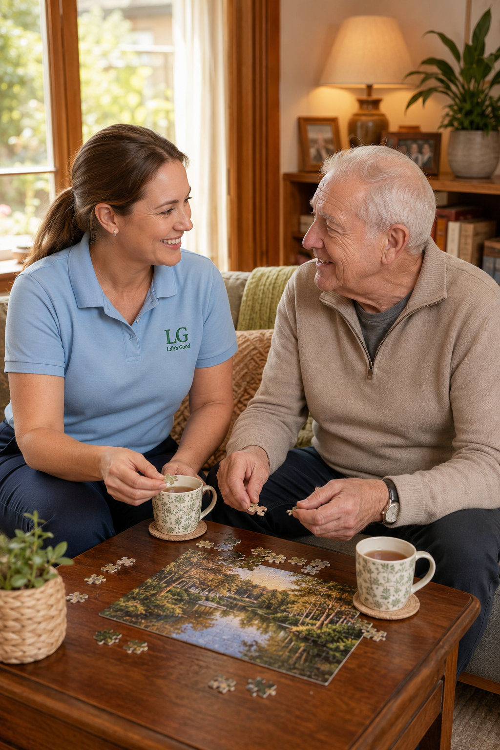 A Life's Good worker sharing tea and a puzzle with an older man