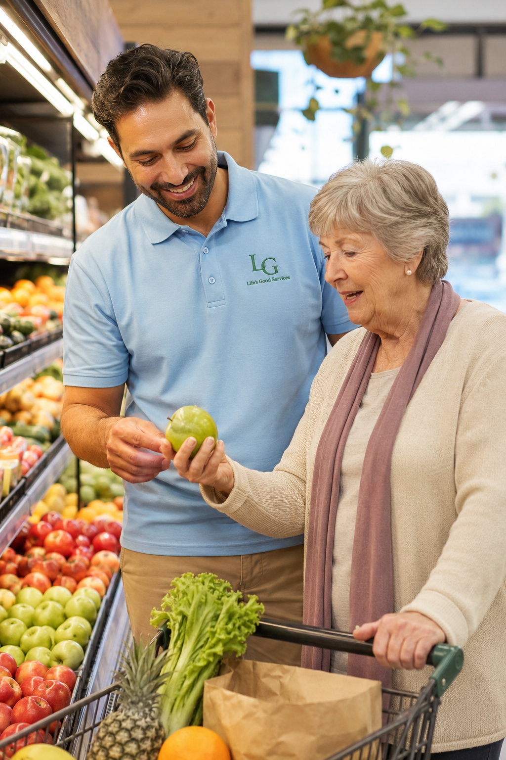 A Life's Good worker assisting an older woman with grocery shopping