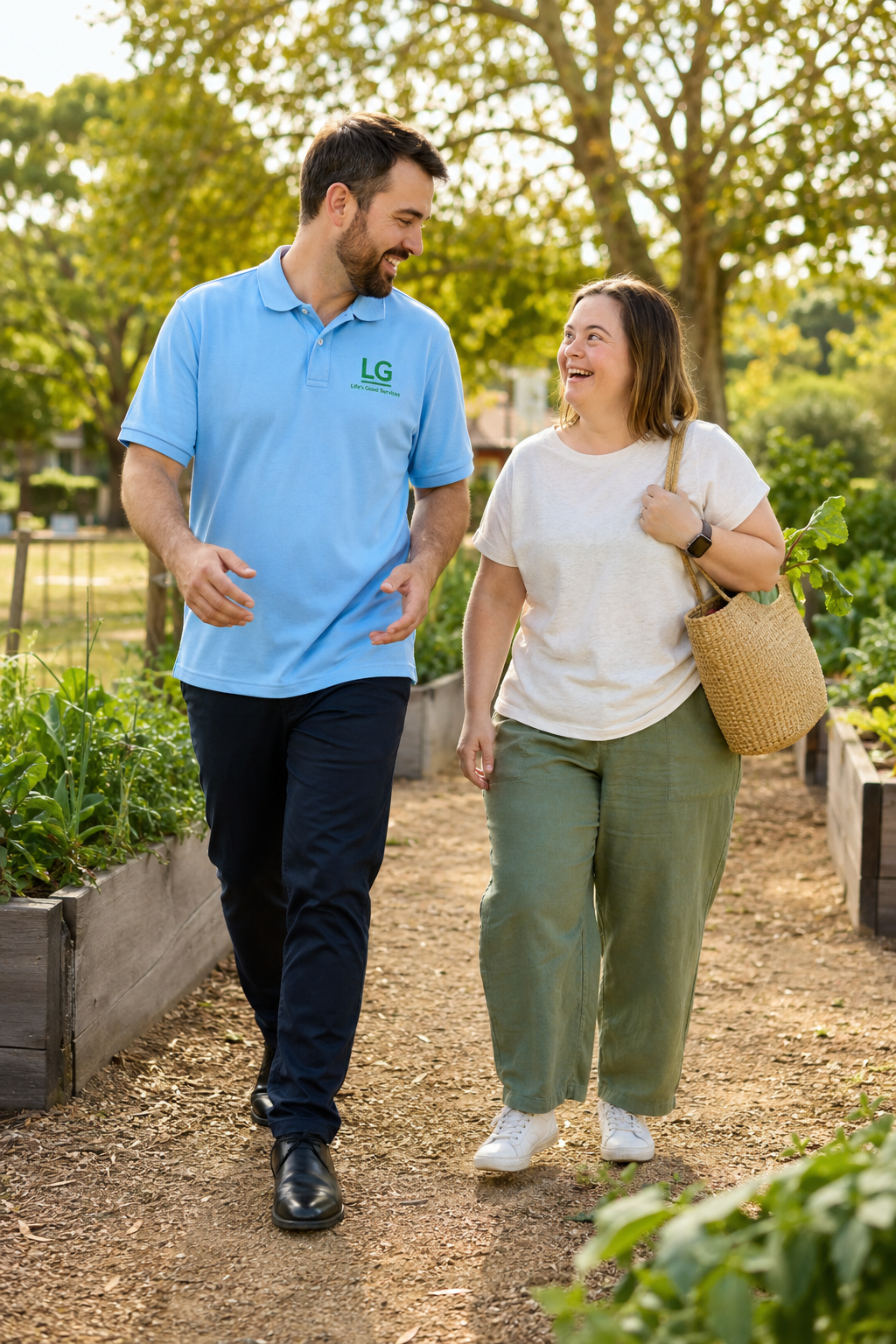 A Life's Good worker enjoying a community garden with a client