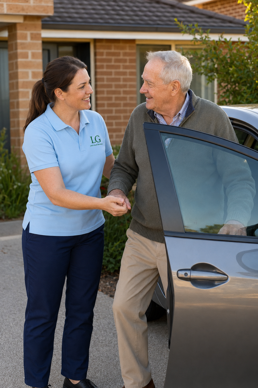 A Life's Good worker helping an older man beside a car
